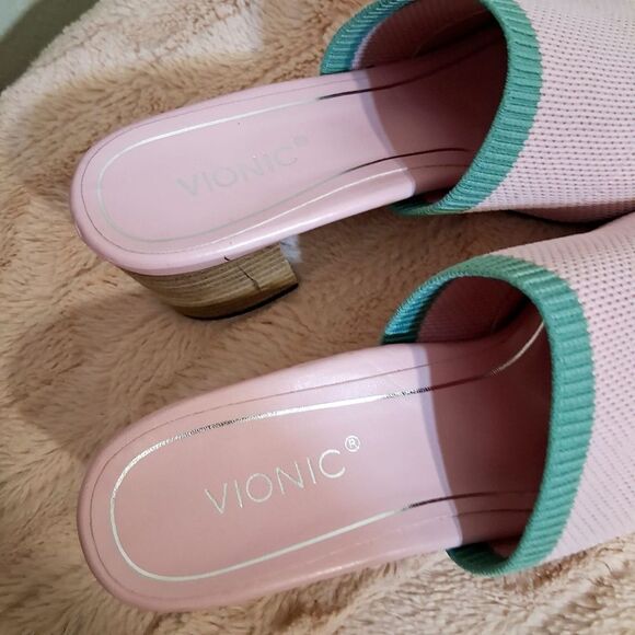 Vionic Pink and Green Mules with Chunky Heel Size 8 - Picture 6 of 8